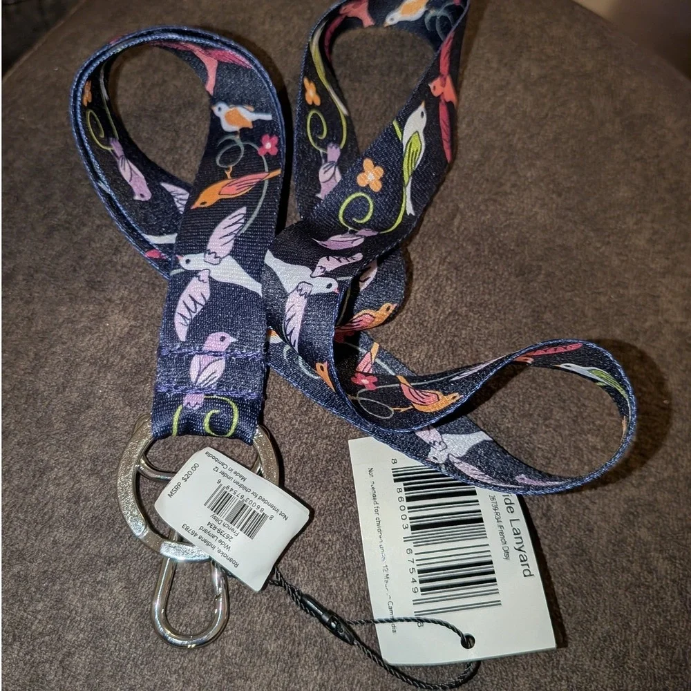 Vera Bradley French Ditsy Wide Lanyard Navy‎ Blue Bird Floral ID Key Holder NEW